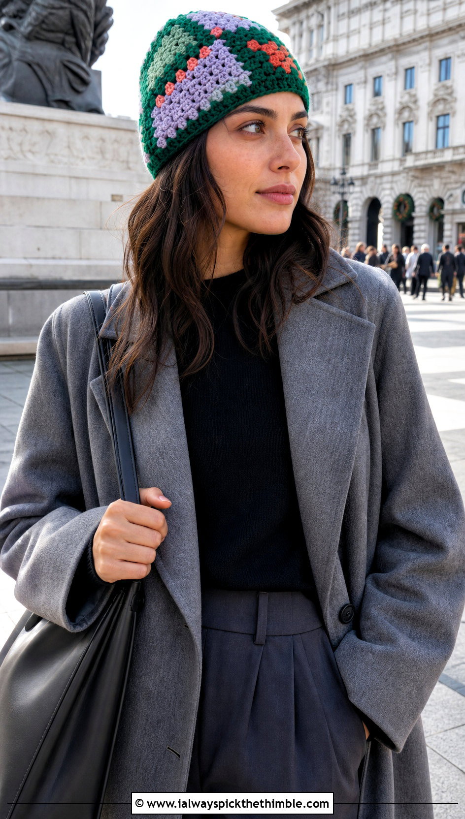 Patchwork Crochet Beanie With Minimalist Overcoat - 20 Fall Crochet Beanie outfit ideas