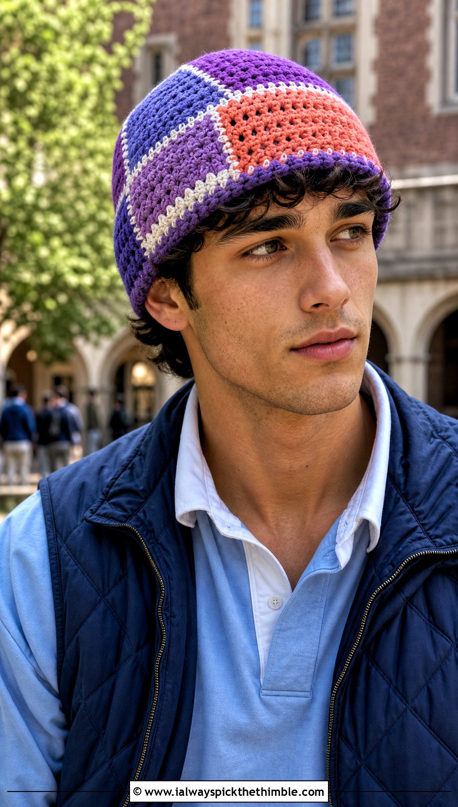 Patchwork Crochet Beanie With Rugby Shirt - 20 Easy Mens Crochet Beanie outfit ideas