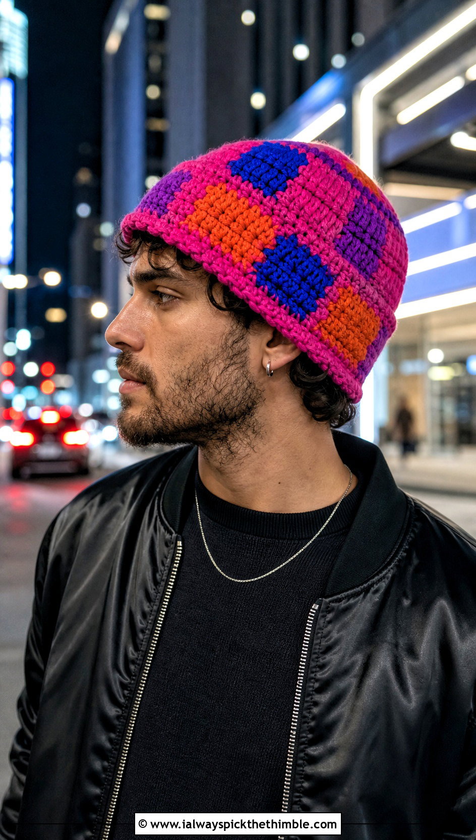 Patchwork Crochet Beanie With Satin Bomber - 20 mens crochet hats men's beanie outfit ideas
