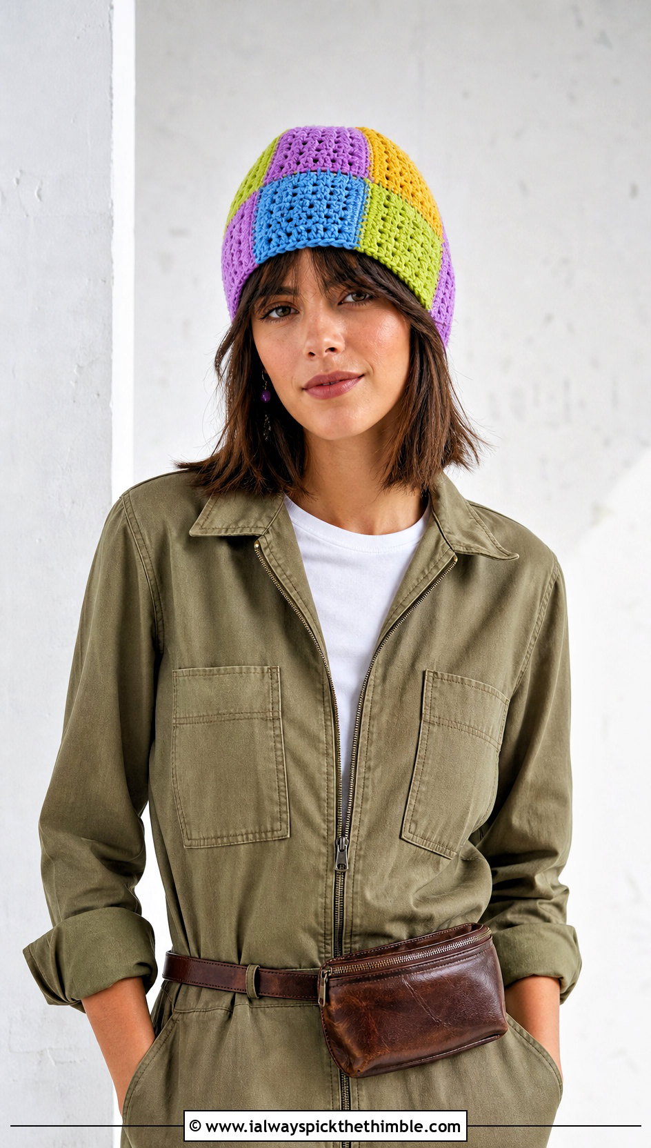 Patchwork Crochet Beanie With Utility Jumpsuit - 20 Boho Crochet Beanie outfit ideas