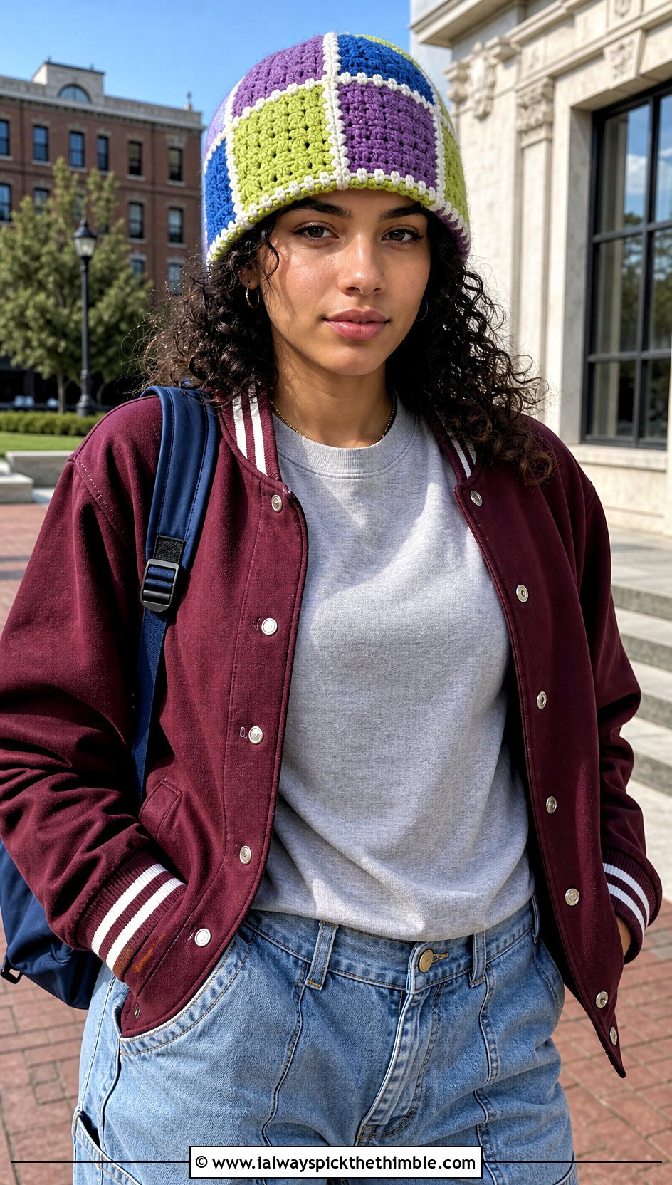 Patchwork Crochet Beanie With Varsity Jacket - 20 classic crochet beanie outfit ideas