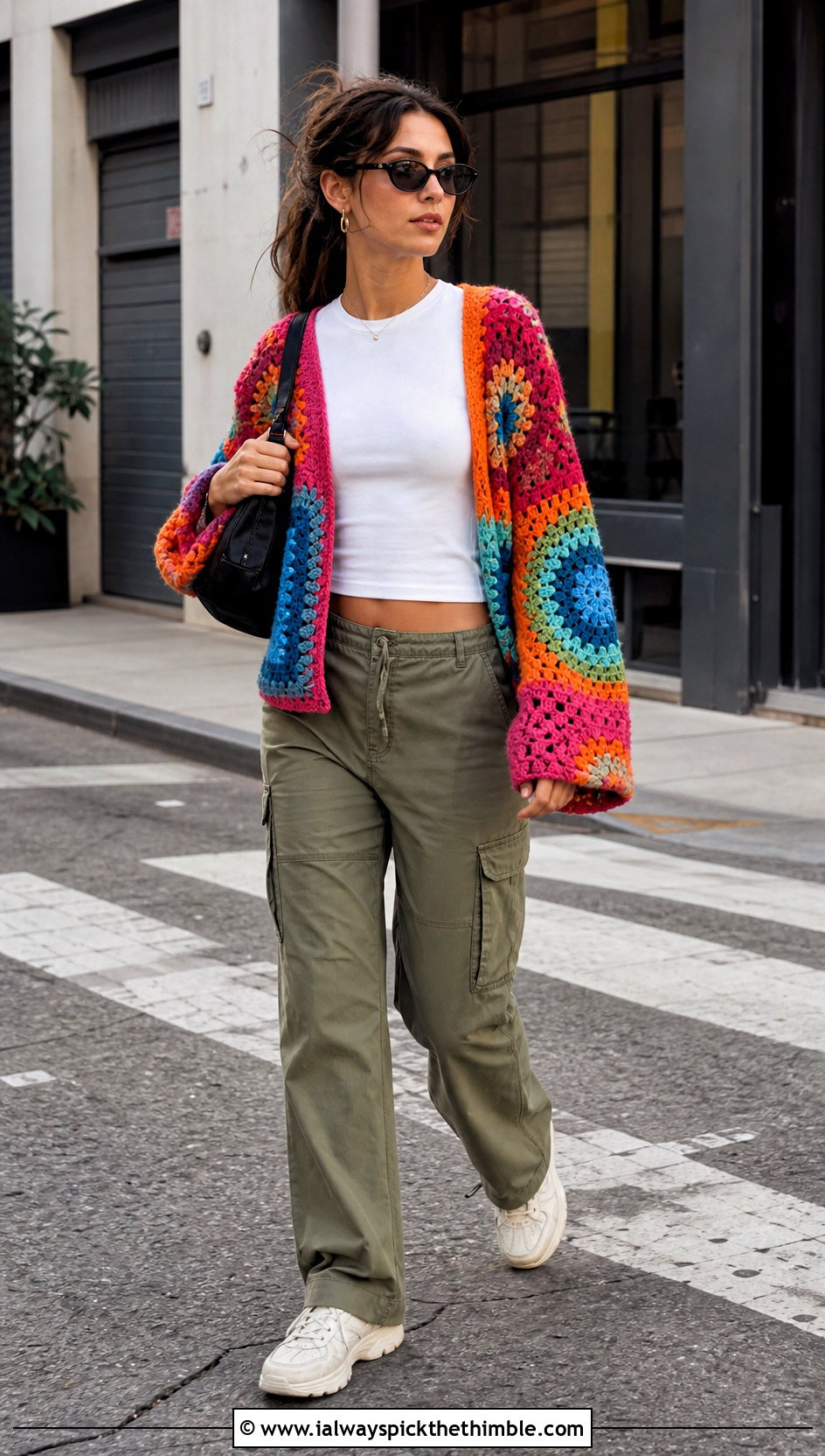 Patchwork Crochet Bell Sleeve Cardigan With Cargo Pants - 20 crochet bell sleeve cardigan outfit ideas