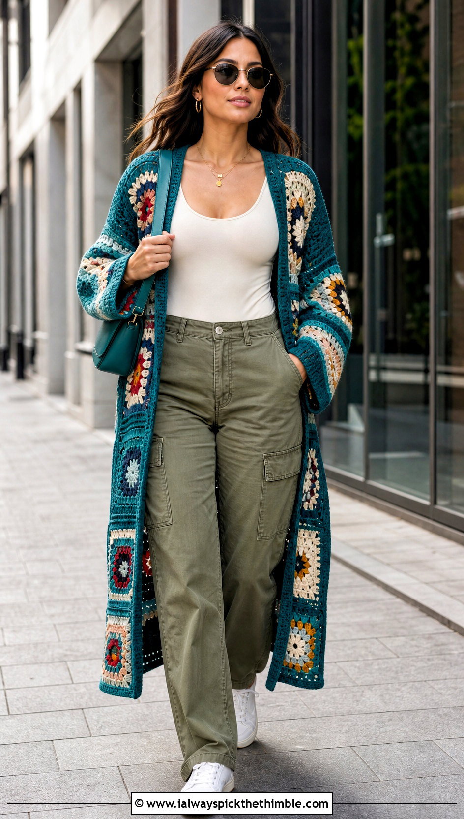 Patchwork Crochet Blanket Cardigan With Cargo Pants - 25 crochet blanket cardigan outfit ideas