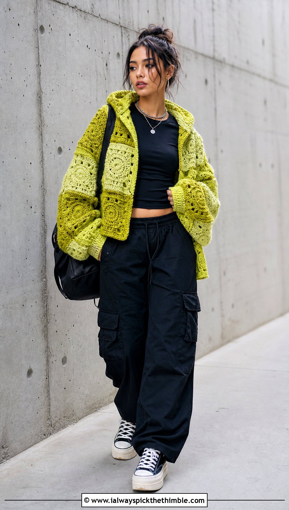 Patchwork Crochet Blanket Hoodie With Cargo Pants - 20 crochet blanket hoodie outfit ideas