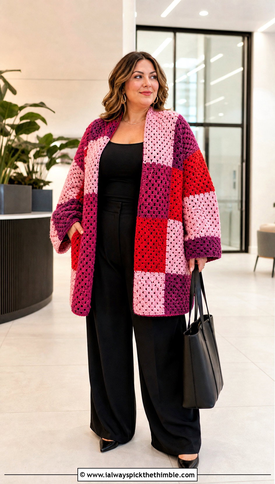 Patchwork Crochet Blanket Jacket With Black Trousers - 20 crochet blanket jacket outfit ideas