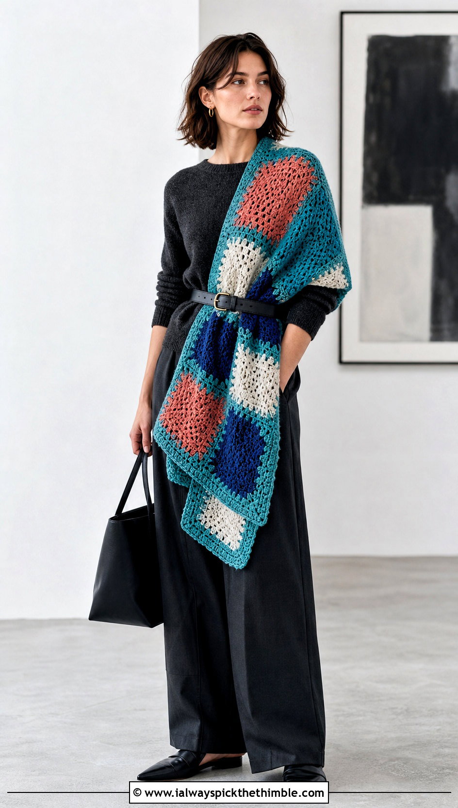 Patchwork Crochet Blanket Scarf With Monochrome Outfit - 25 crochet blanket scarf outfit ideas