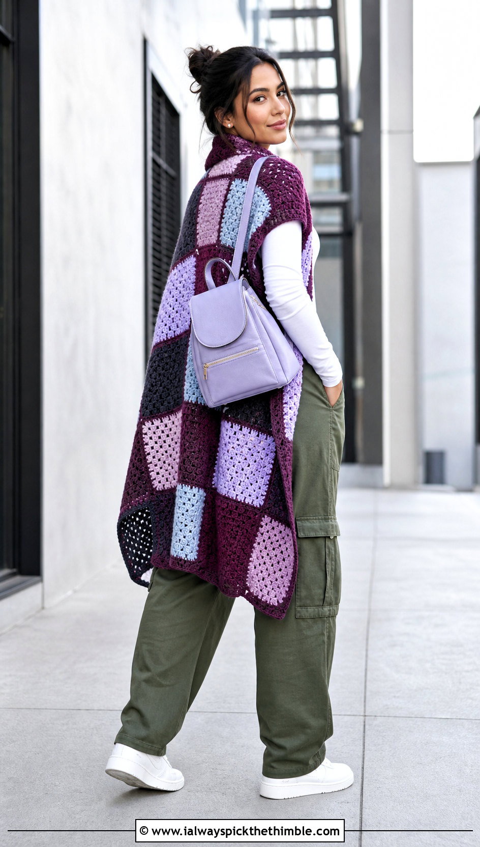 Patchwork Crochet Blanket Shawl With Cargo Pants - 20 crochet blanket shawl outfit ideas
