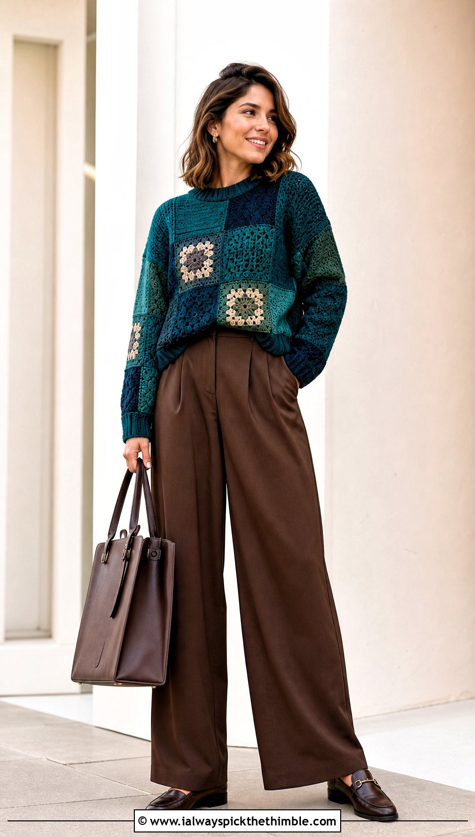 Patchwork Crochet Block Sweater With Wide Leg Trousers - 20 crochet block sweater outfit ideas
