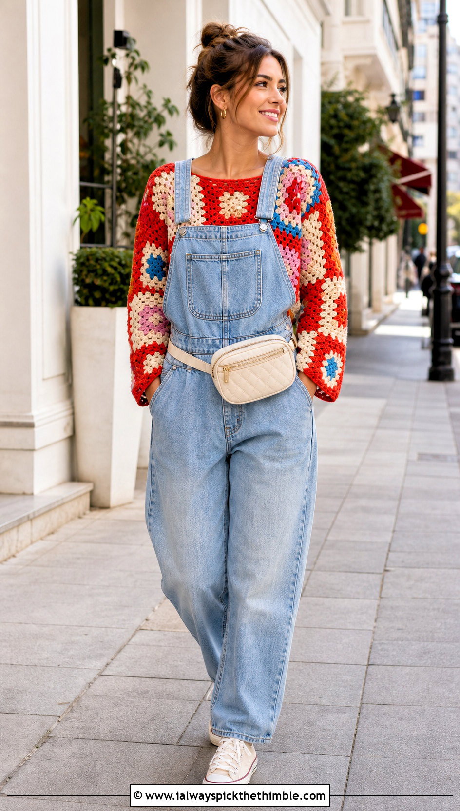 Patchwork Crochet Blouse With Denim Overalls - 25 crochet blouse for women outfit ideas