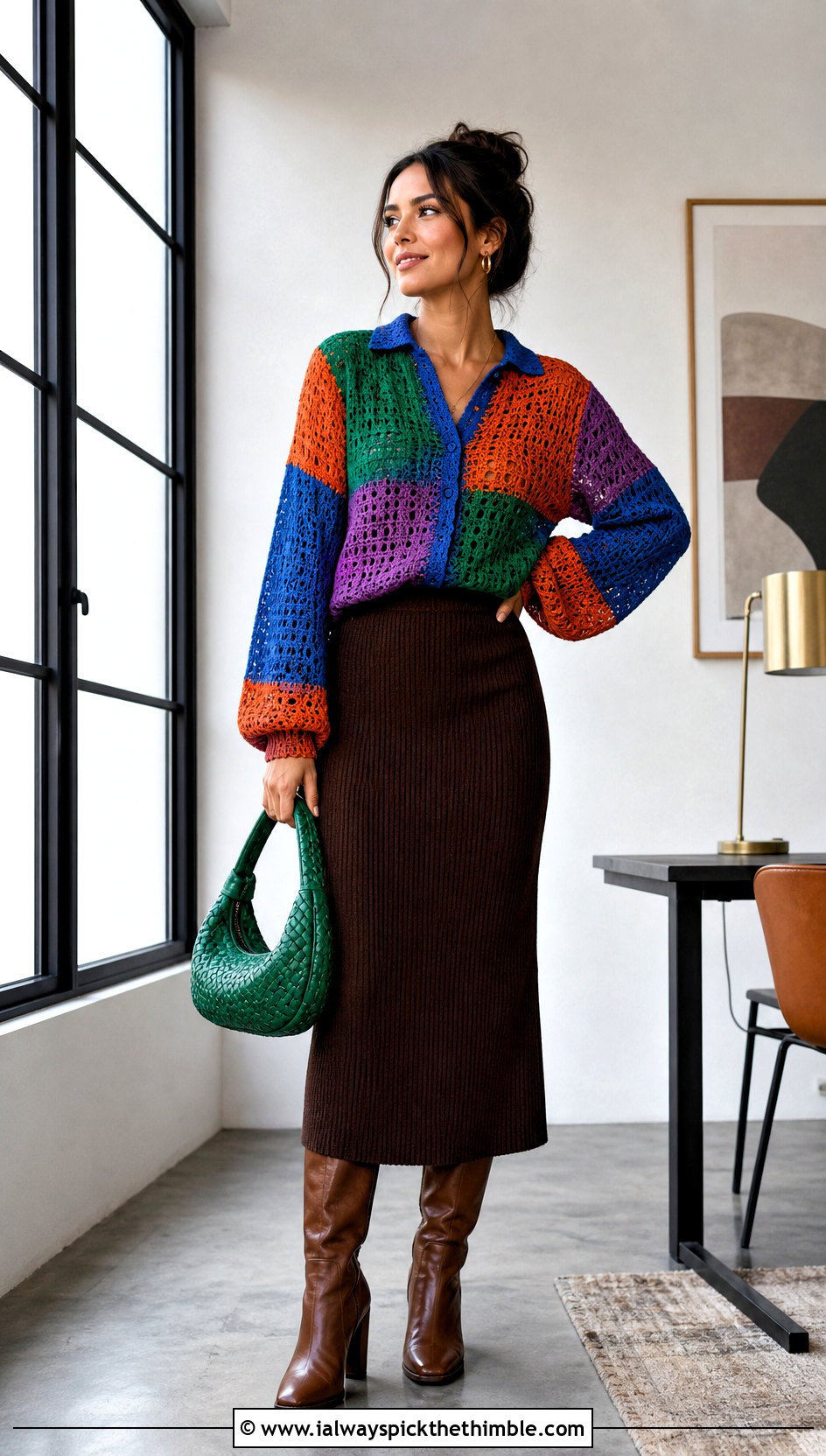 Patchwork Crochet Blouse With Knit Midi Skirt - 15 colorful crochet blouse design outfit ideas