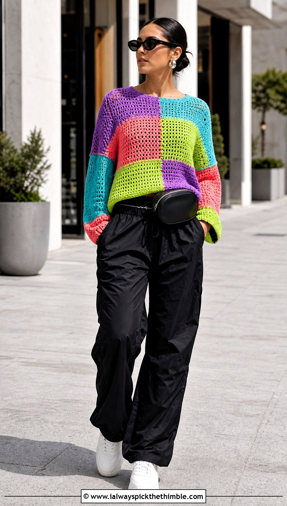 Patchwork Crochet Blouse With Parachute Pants - 25 crochet blouse outfit ideas