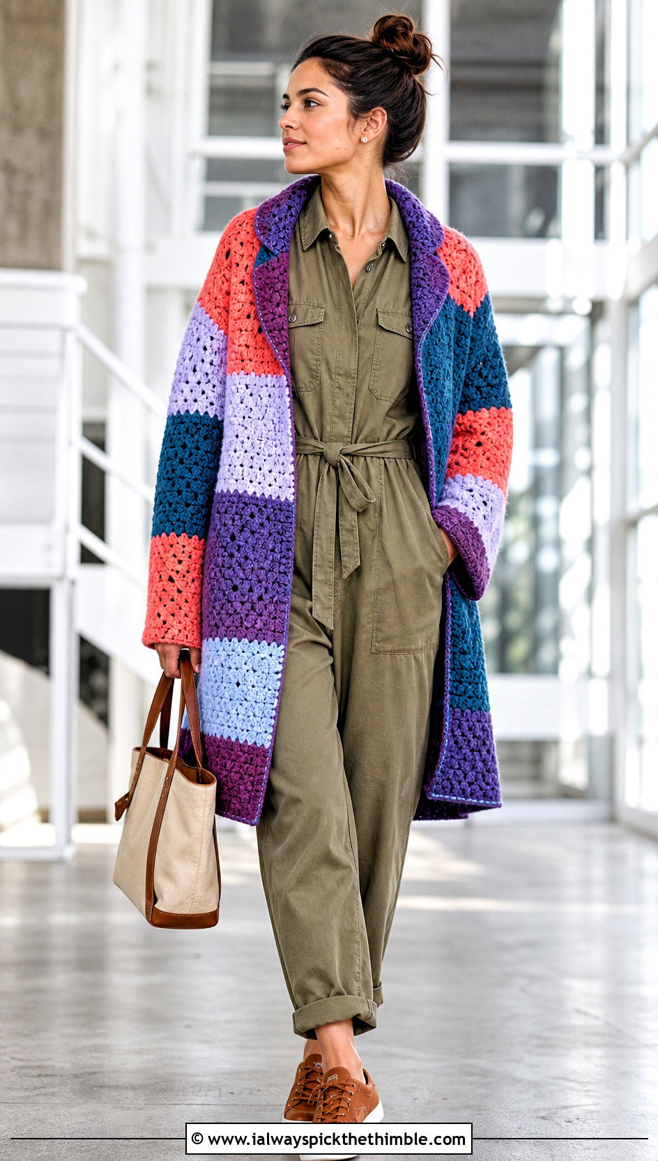 Patchwork Crochet Bog Jacket With Utility Jumpsuit - 25 Crochet Bog Jacket outfit ideas