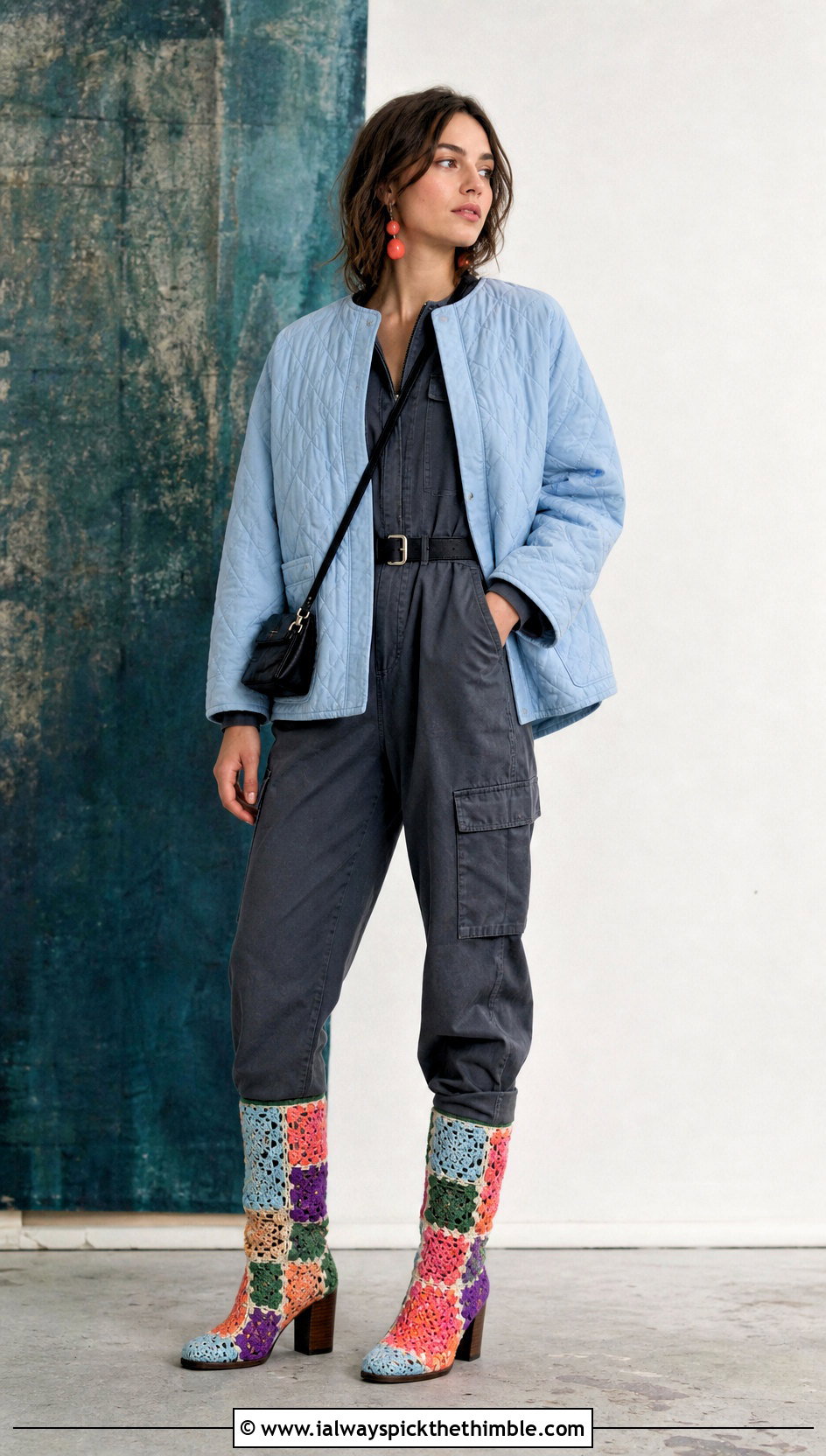 Patchwork Crochet Boots With A Utility Jumpsuit - 15 colorful crochet winter boots outfit ideas