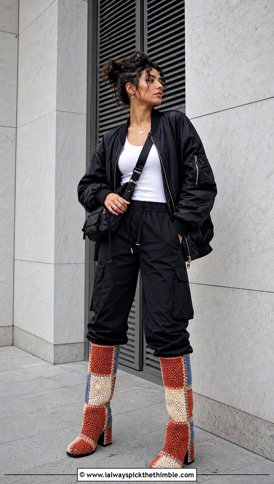 Patchwork Crochet Boots With Black Cargo Pants - 25 crochet boots outfit ideas