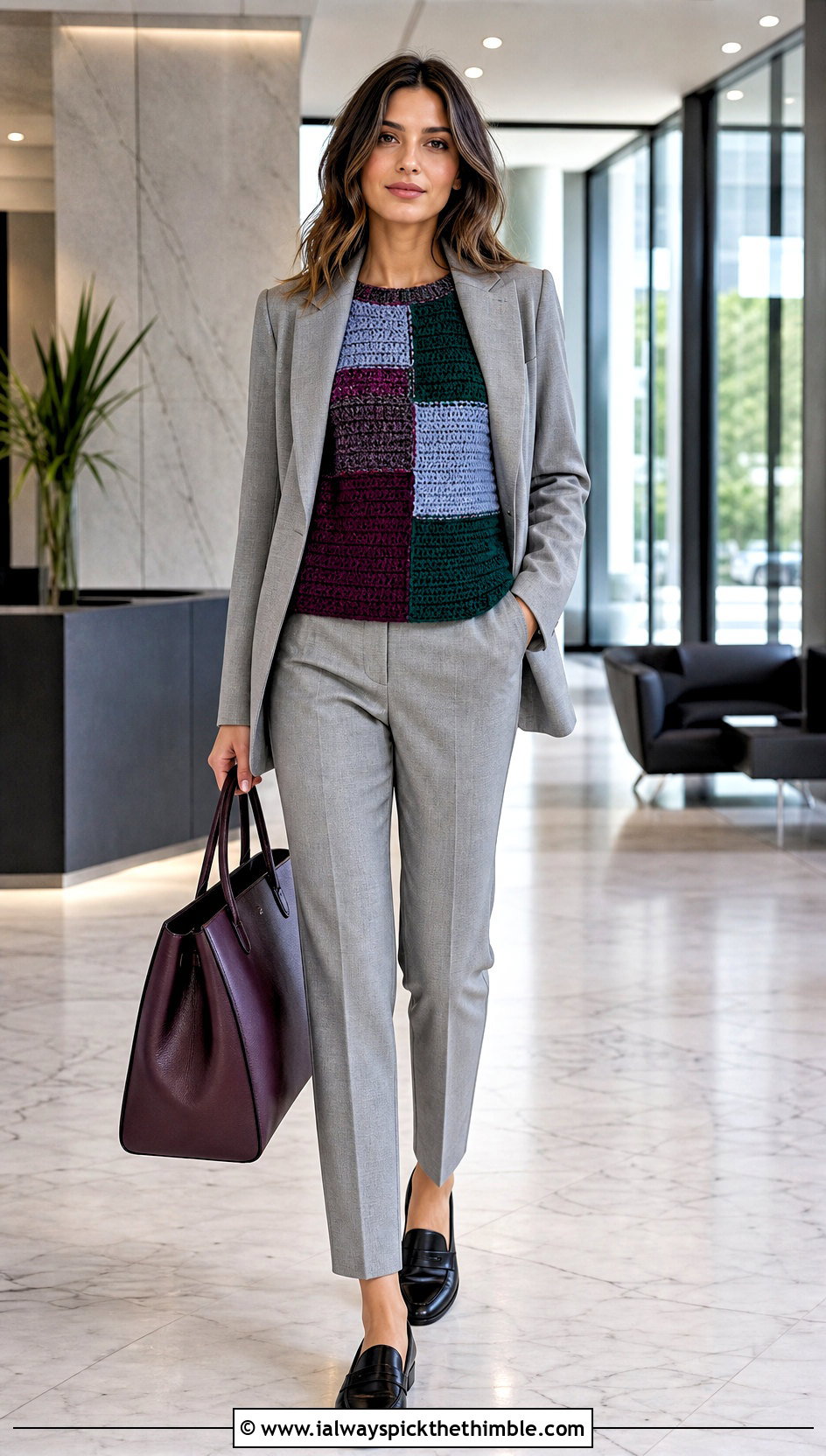 Patchwork Crochet Boxy Sweater With Monochrome Suit - 20 Crochet Boxy Sweater outfit ideas