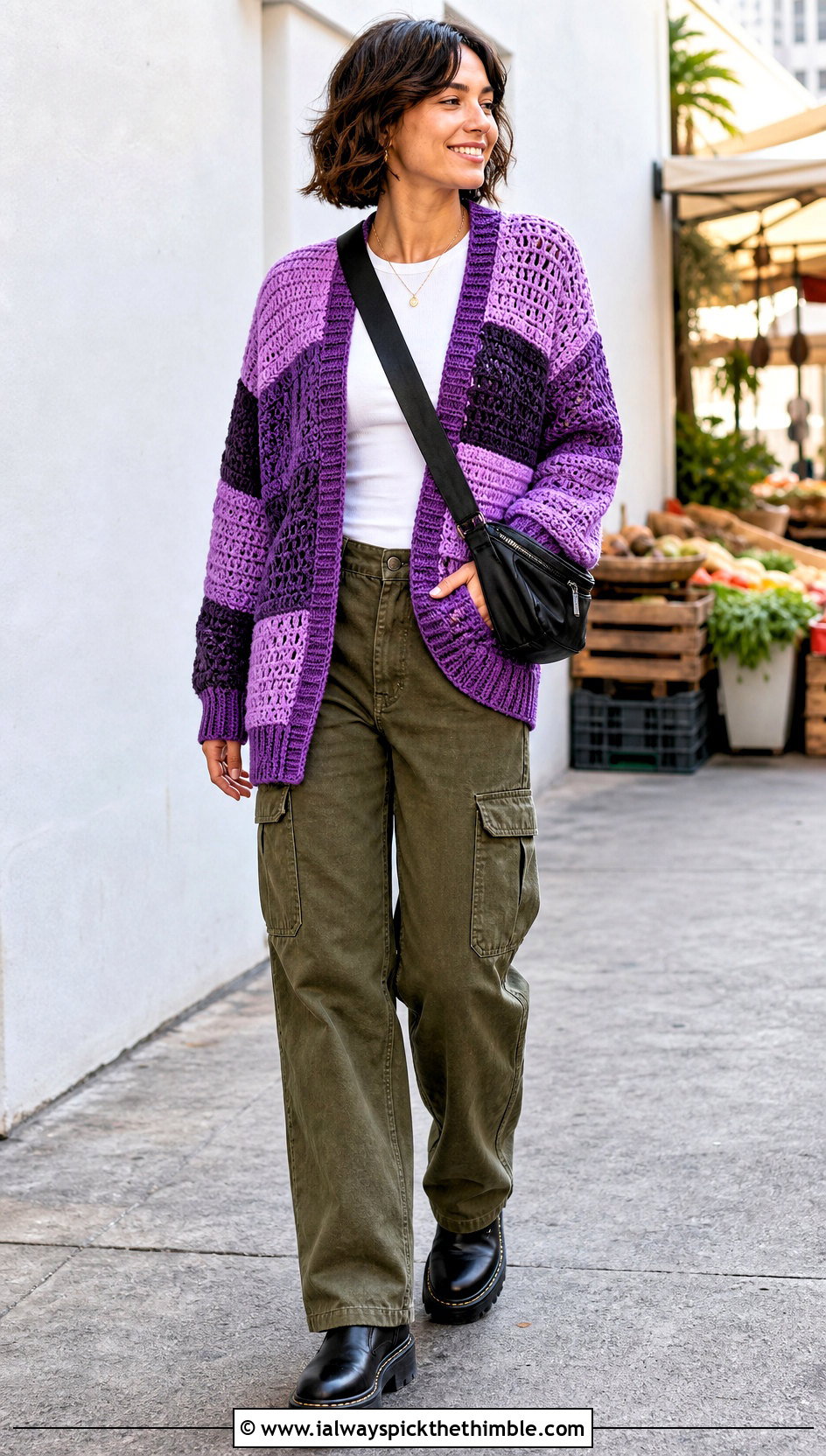 Patchwork Crochet Boyfriend Sweater With Cargo Pants - 20 crochet boyfriend sweater outfit ideas