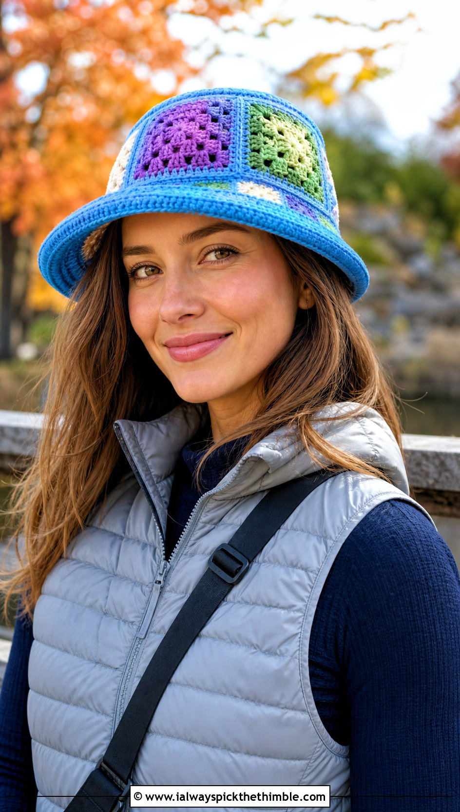 Patchwork Crochet Brim Hat With Puffer Vest - 25 crochet brim hat outfit ideas