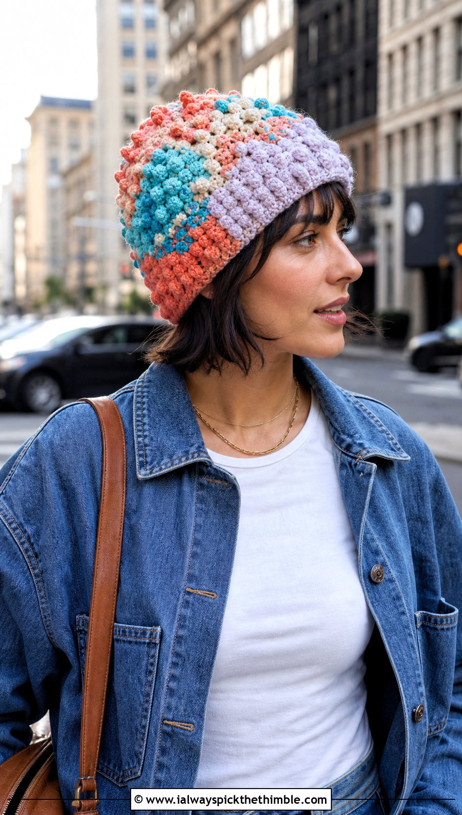 Patchwork Crochet Bubble Beanie With Double Denim - 20 Crochet Bubble Hat outfit ideas