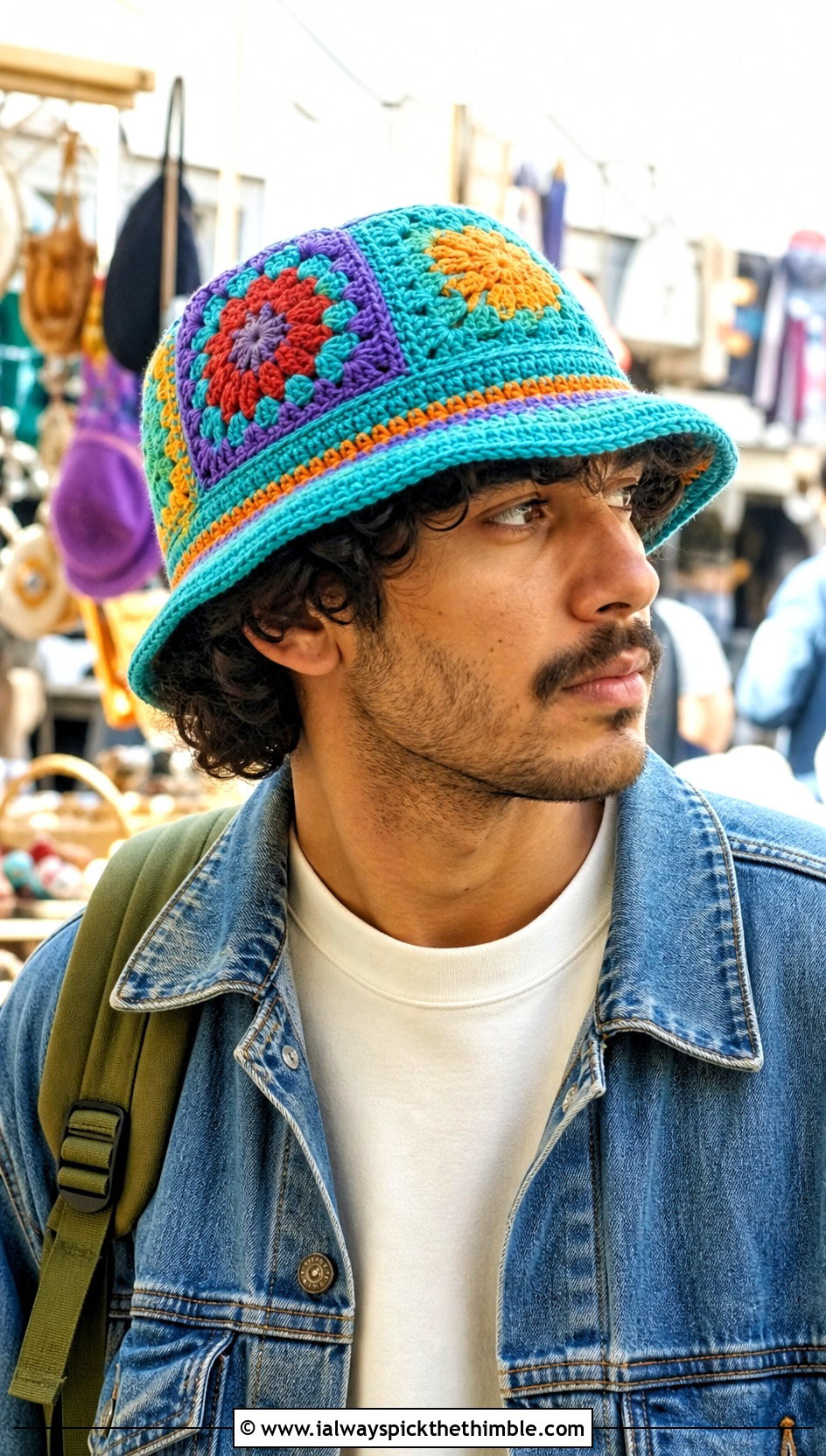 Patchwork Crochet Bucket Hat With Denim Jacket And Fatigue Pants - 15 mens crochet bucket hat outfit ideas