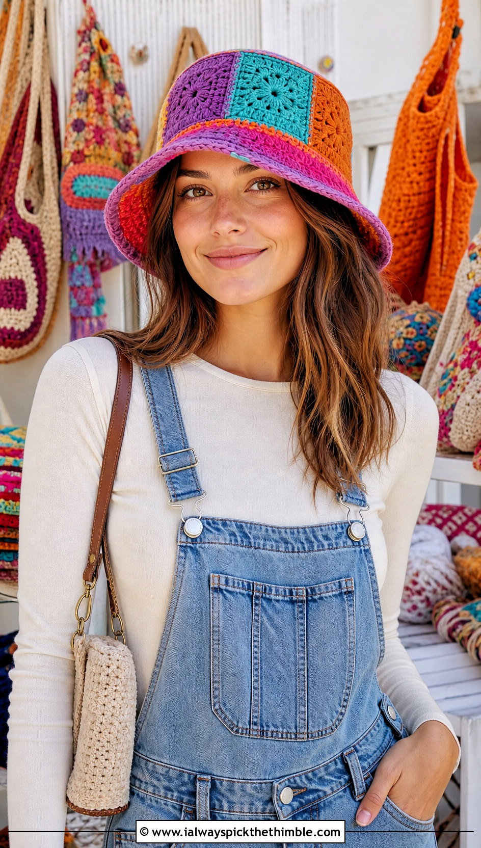 Patchwork Crochet Bucket Hat With Denim Overalls - 20 Crochet Bucket Hat For Women outfit ideas