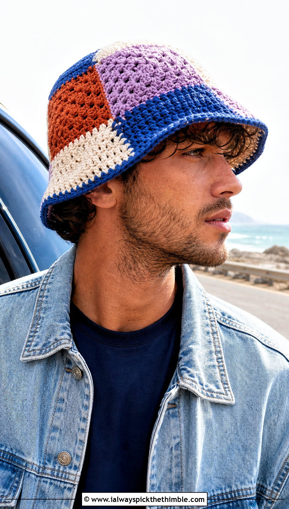 Patchwork Crochet Bucket Hat With Double Denim - 25 mens crochet hats outfit ideas