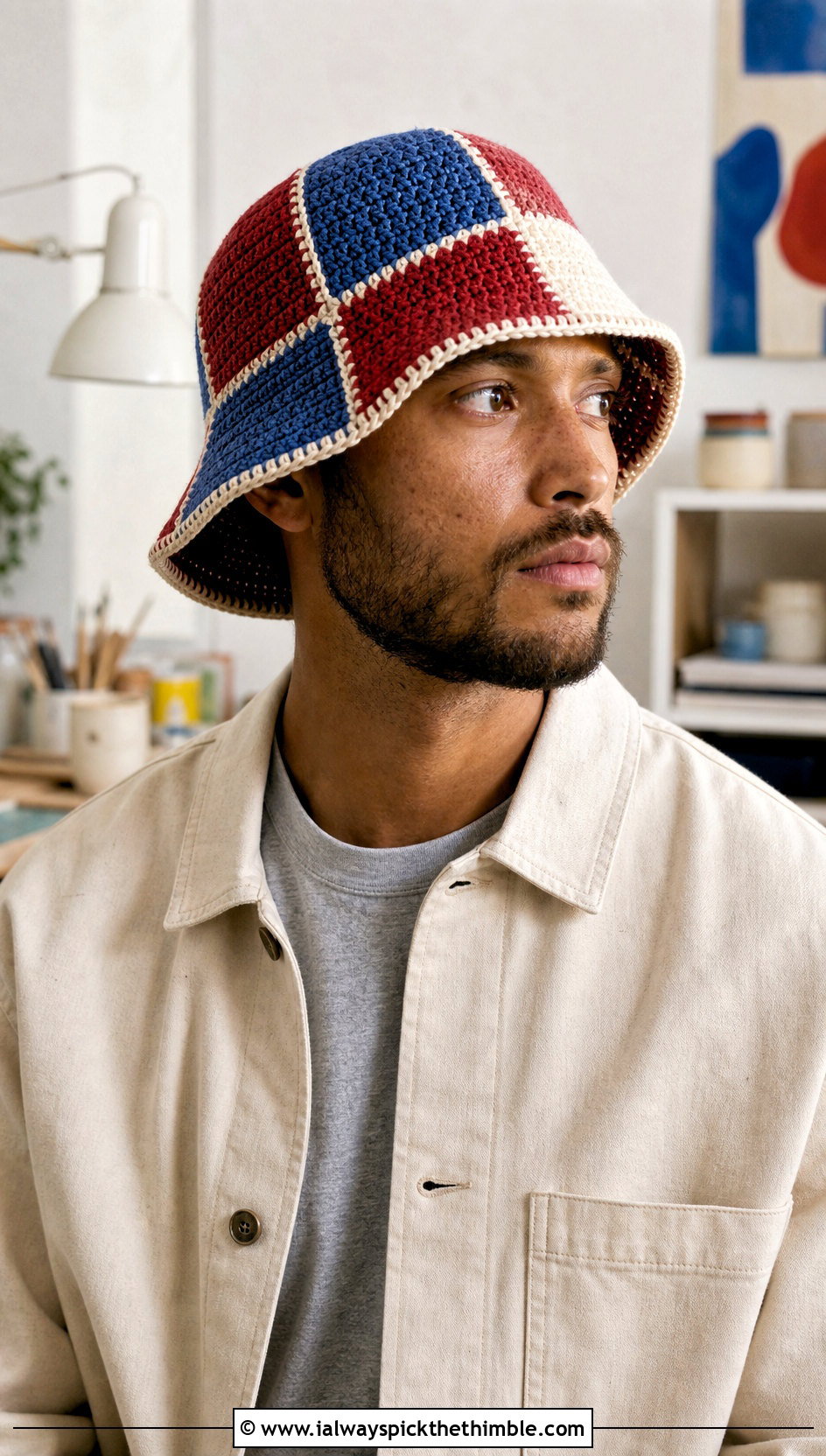 Patchwork Crochet Bucket Hat With Ecru Jacket And Fatigue Pants - 25 men crochet bucket hat outfit ideas