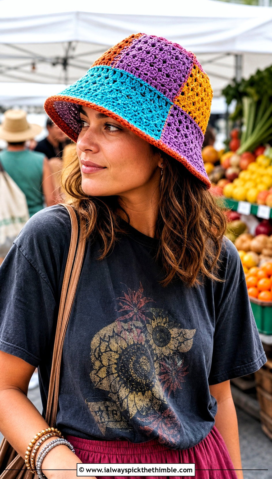 Patchwork Crochet Bucket Hat With Graphic Tee And Maxi Skirt - 25 crochet bucket hat outfit ideas
