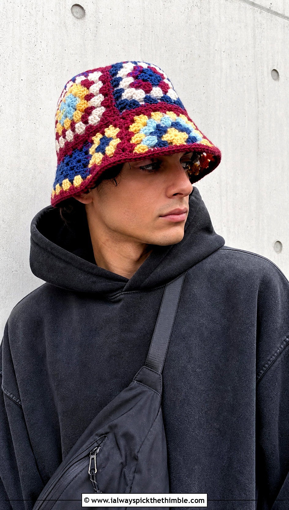 Patchwork Crochet Bucket Hat With Hoodie - 25 men's crochet hat outfit ideas