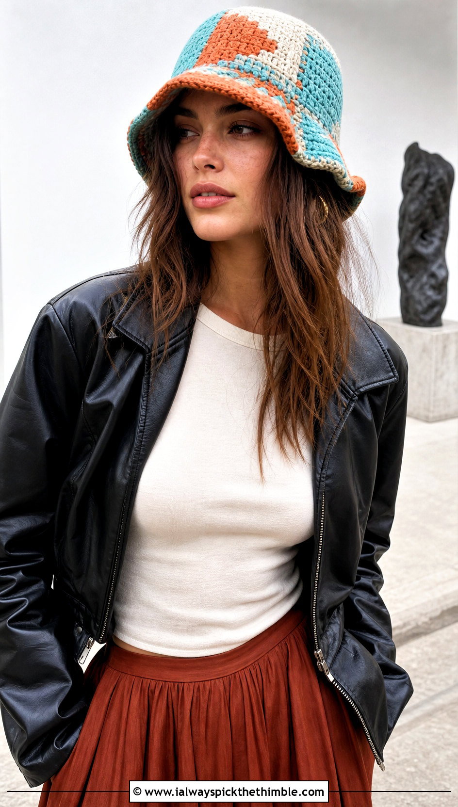 Patchwork Crochet Bucket Hat With Leather Jacket And Maxi Skirt - 20 Easy Crochet Bucket Hats outfit ideas