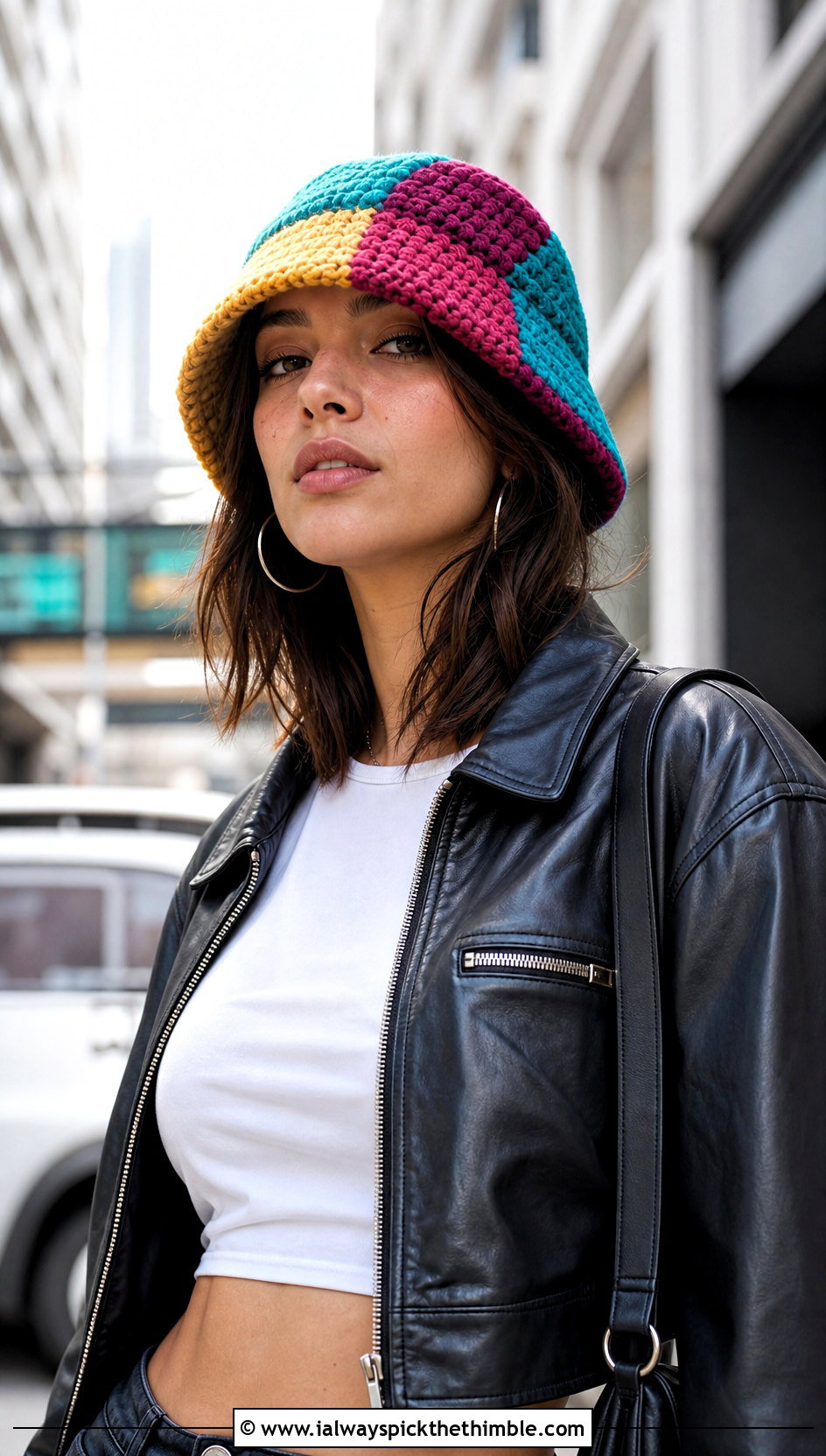 Patchwork Crochet Bucket Hat With Leather Jacket - 20 crocheting bucket hat outfit ideas