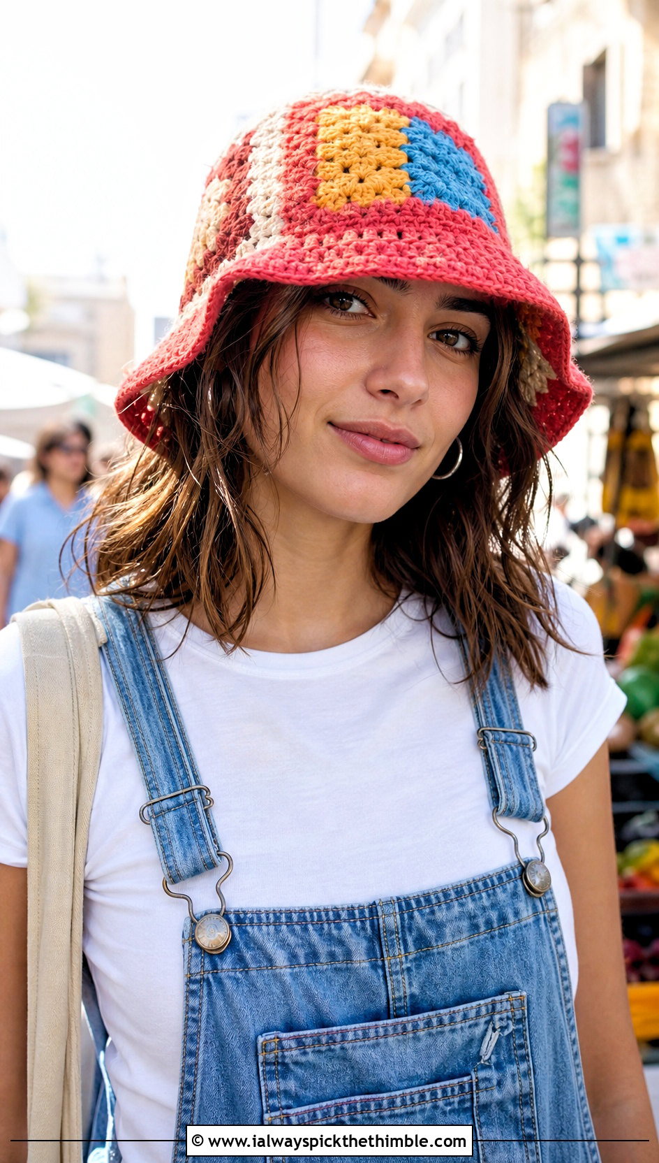 Patchwork Crochet Bucket Hat With Overalls And T Shirt - 20 easy crochet bucket hat outfit ideas