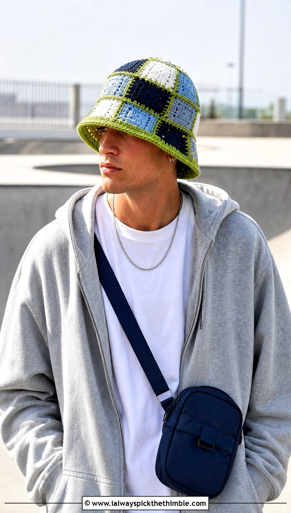 Patchwork Crochet Bucket Hat With Skate Outfit - 20 male crochet hat outfit ideas