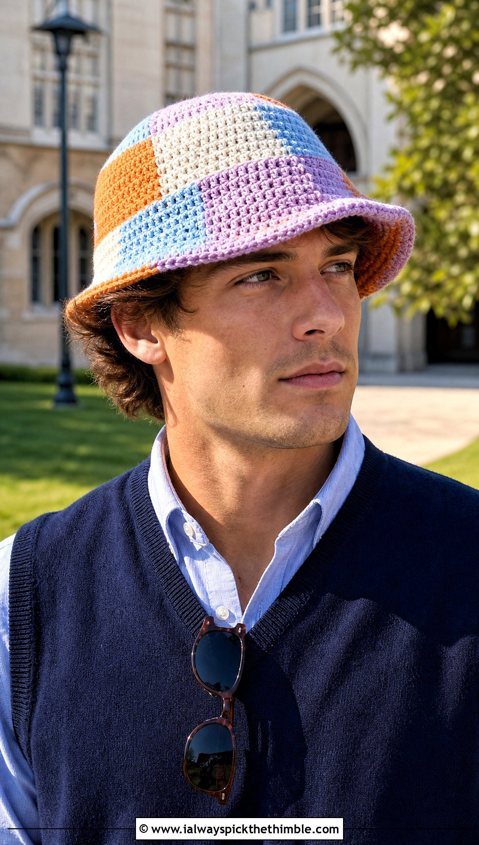 Patchwork Crochet Bucket Hat With Sweater Vest And Shorts - 20 crochet bucket hat men outfit ideas