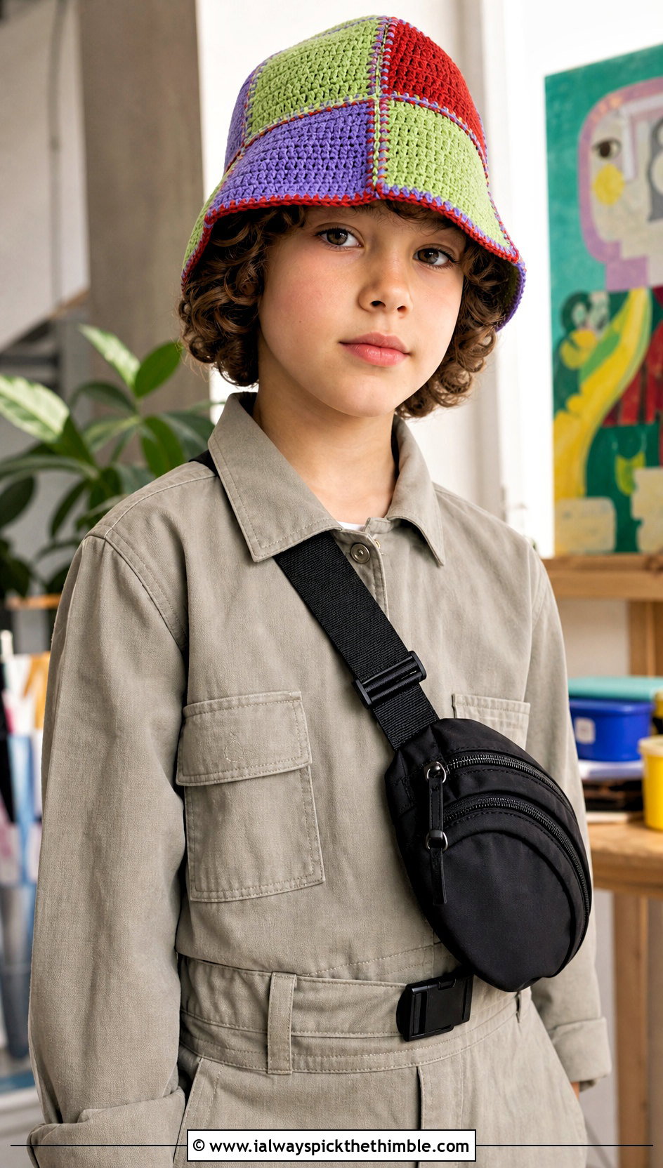 Patchwork Crochet Bucket Hat With Utility Jumpsuit - 25 childrens crochet hats outfit ideas