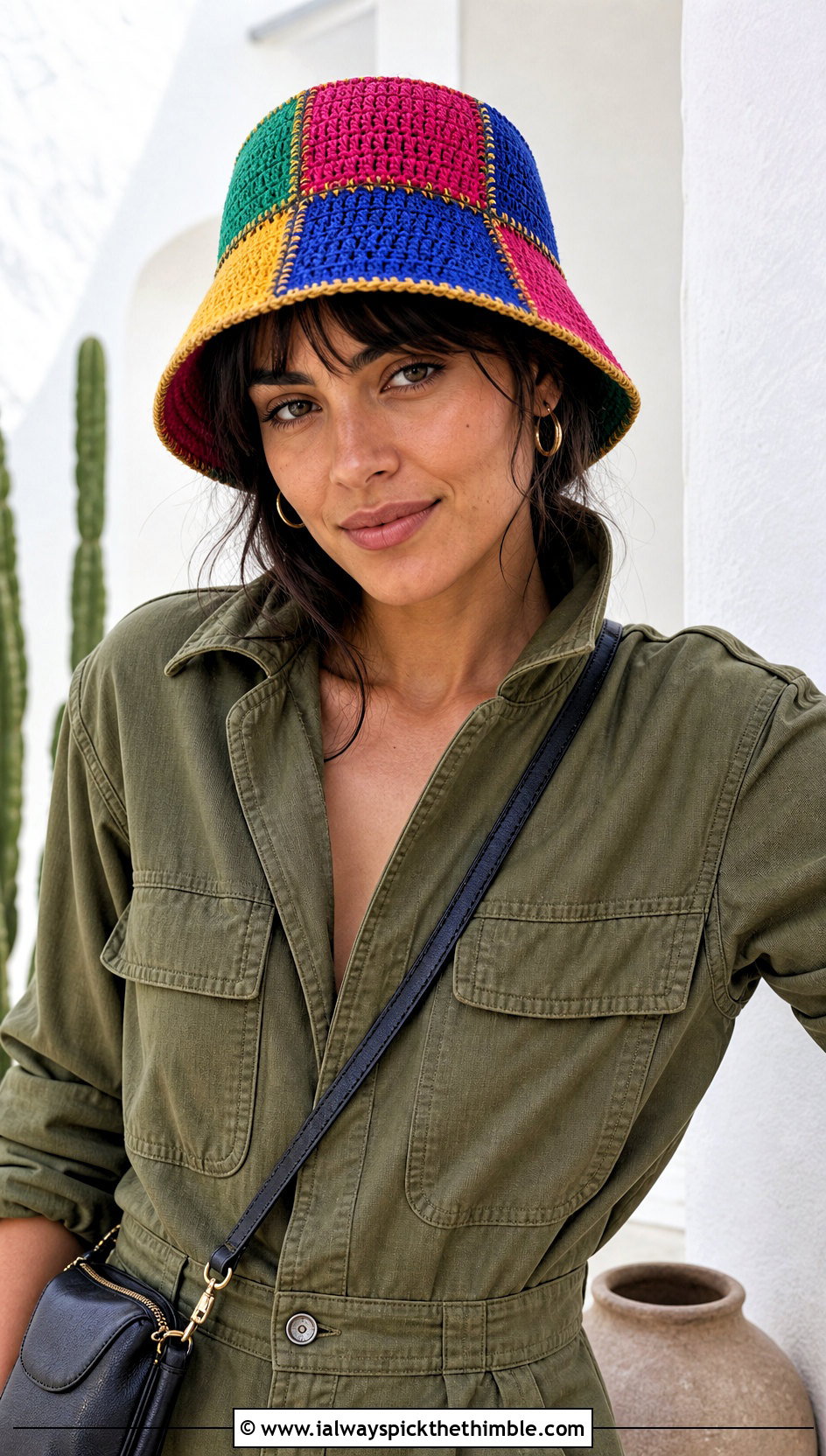 Patchwork Crochet Bucket Hat With Utility Jumpsuit - 25 summer crochet hat outfit ideas