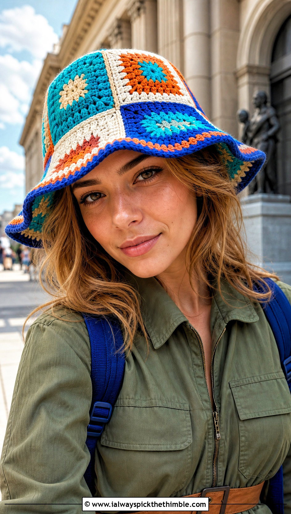 Patchwork Crochet Bucket Hat With Utility Jumpsuit - 20 Crochet Bucket Hat Design Ideas