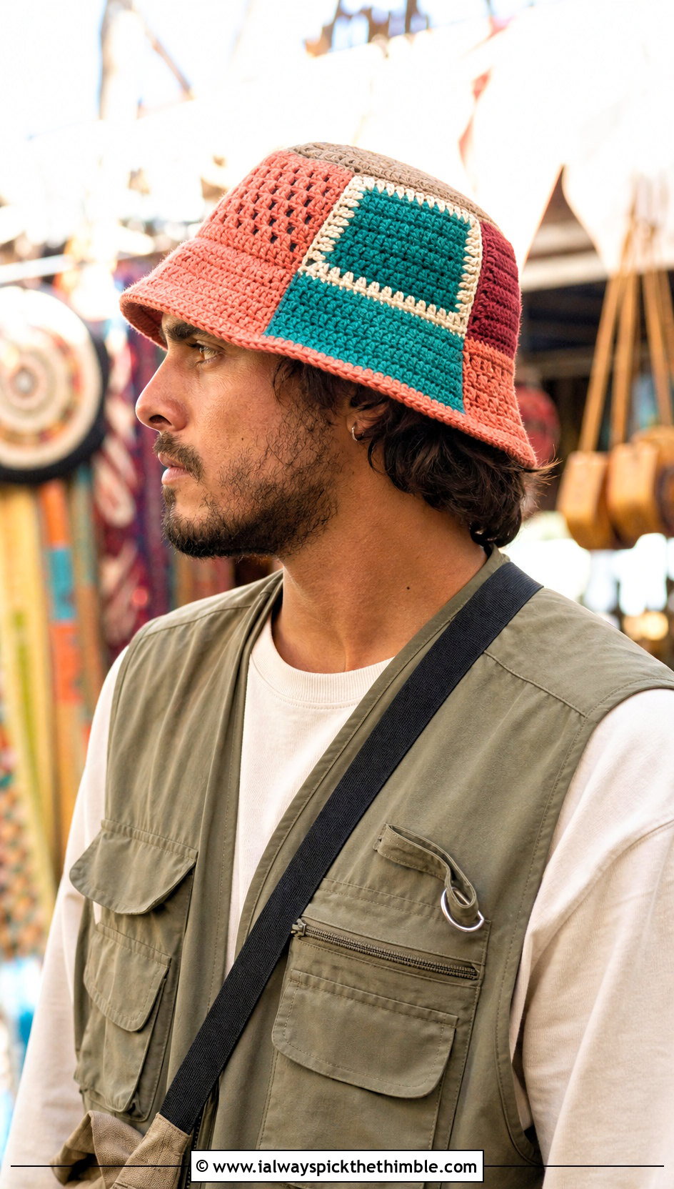 Patchwork Crochet Bucket Hat With Utility Vest - 25 mens crochet hat outfit ideas