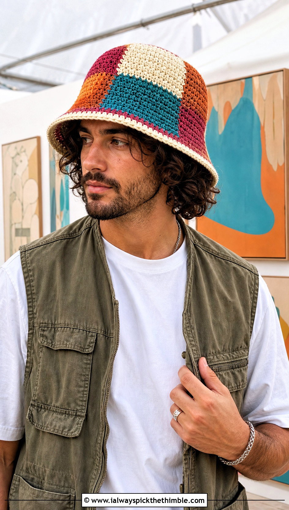 Patchwork Crochet Bucket Hat With Utility Vest And Canvas Pants - 25 crochet hat for men outfit ideas