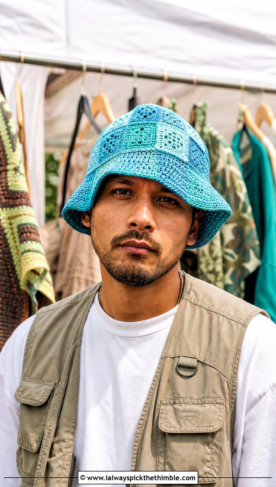 Patchwork Crochet Bucket Hat With Utility Vest - 25 crochet hat men outfit ideas