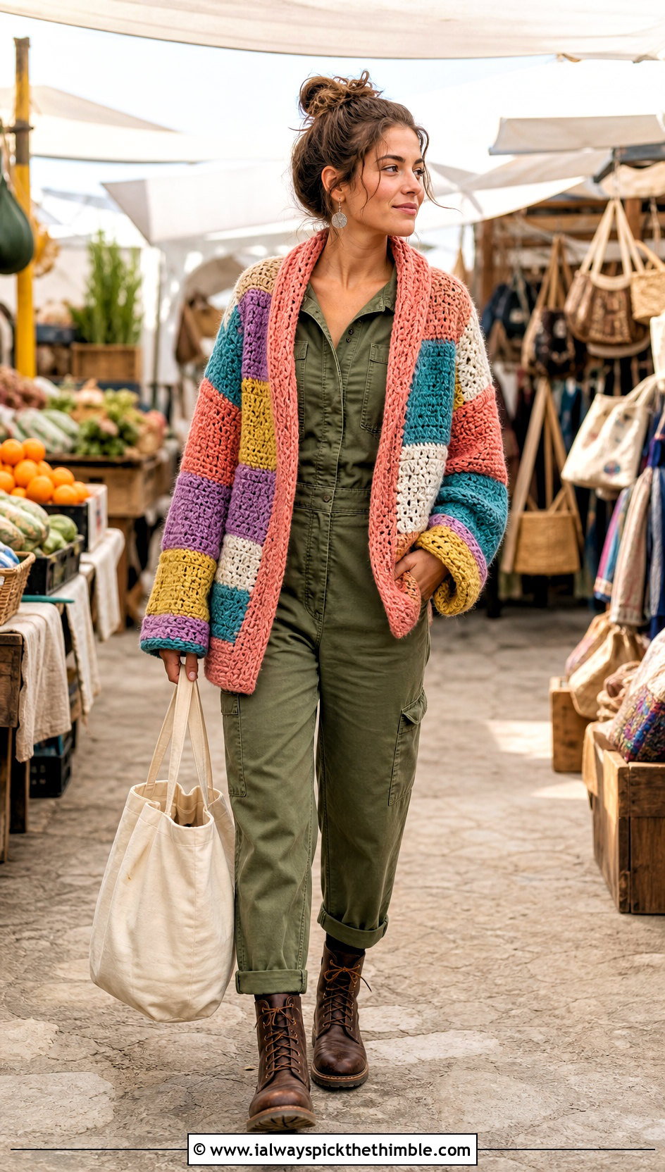 Patchwork Crochet Bulky Sweater With Utility Jumpsuit - 20 Crochet Bulky Sweater outfit ideas