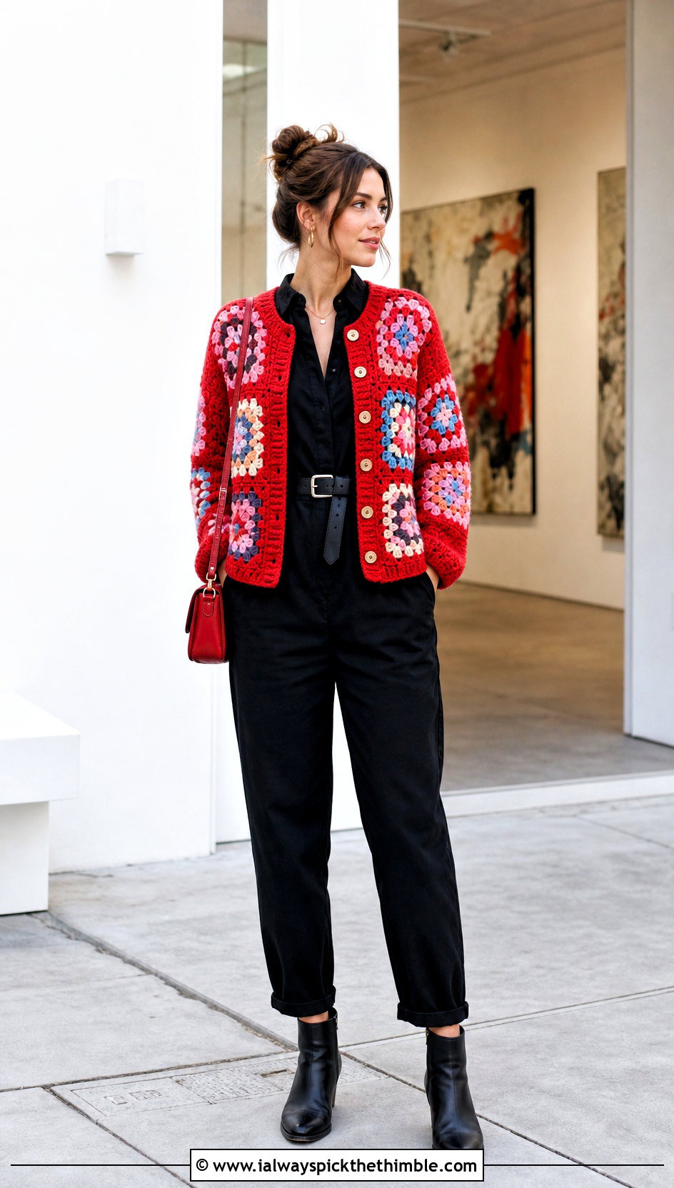 Patchwork Crochet Button Cardigan With Black Jumpsuit - 20 Crochet Button Cardigan outfit ideas