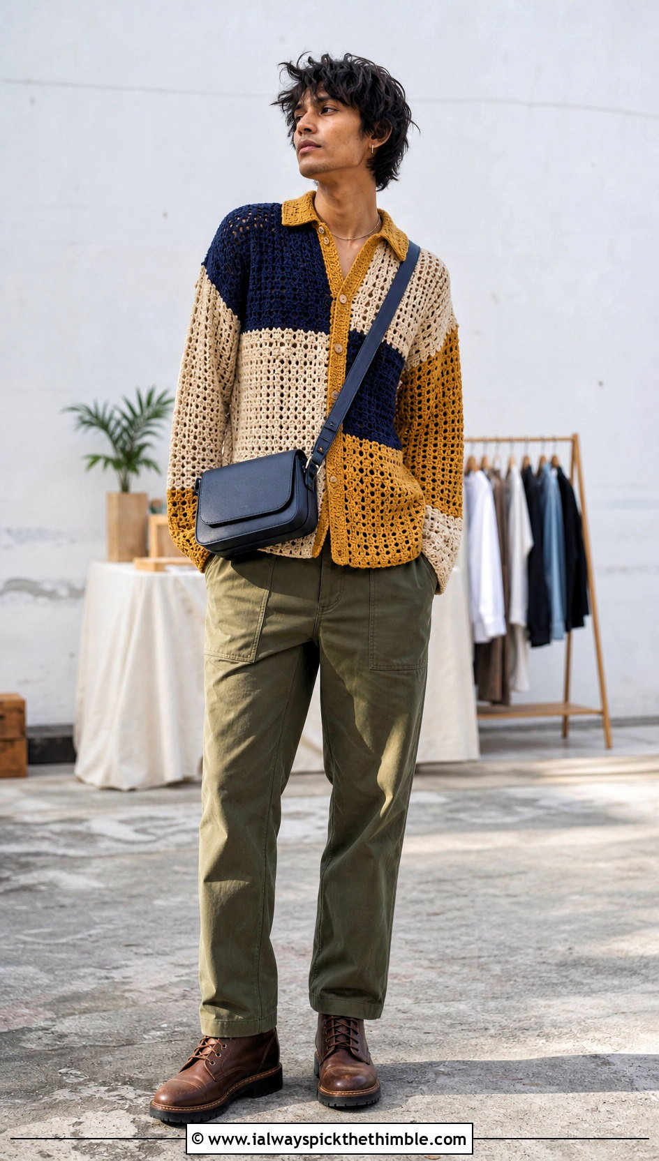 Patchwork Crochet Button Down Shirt With Utility Pants - 20 crochet unisex shirt outfit ideas