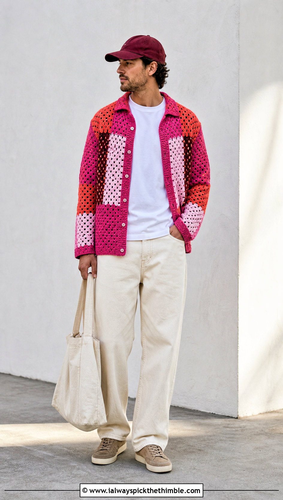 Patchwork Crochet Button Down With A White T Shirt - 25 men's crochet shirt outfit ideas