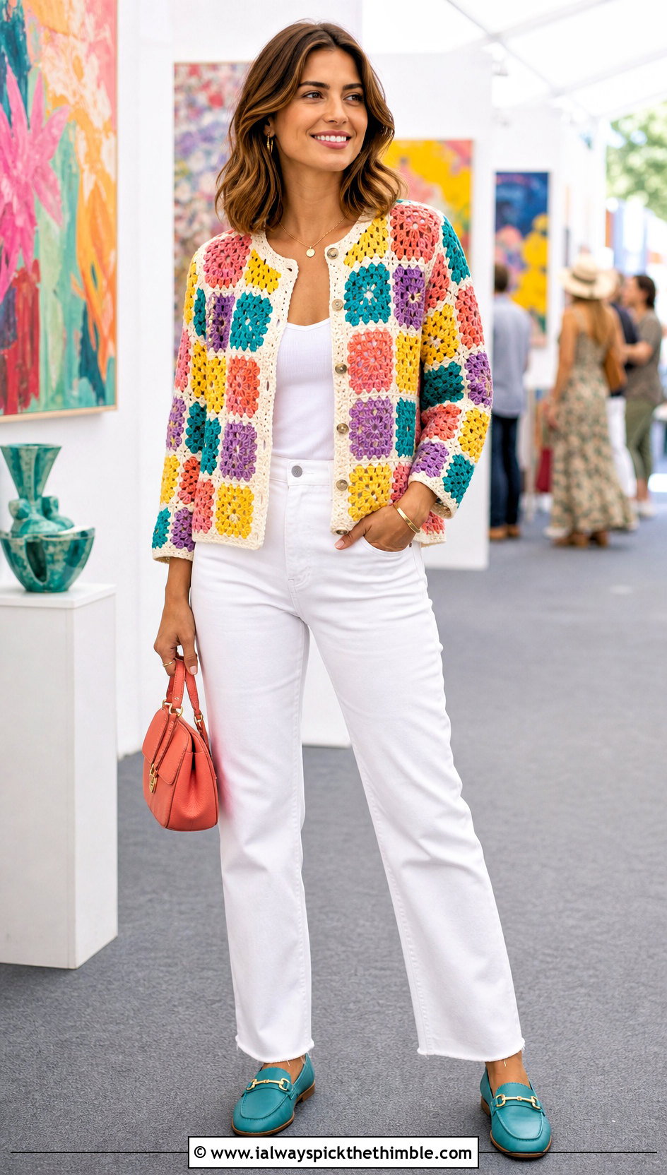 Patchwork Crochet Button Up Cardigan With White Jeans - 20 Crochet Button Up Cardigan outfit ideas