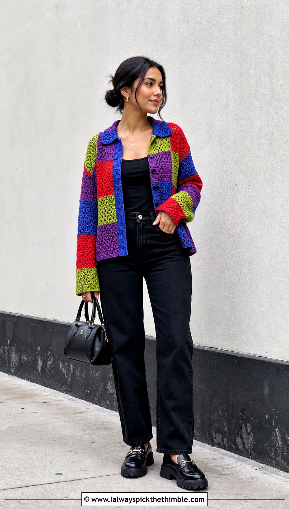 Patchwork Crochet Button Up Shirt With Black Jeans - 25 crochet button up shirt outfit ideas