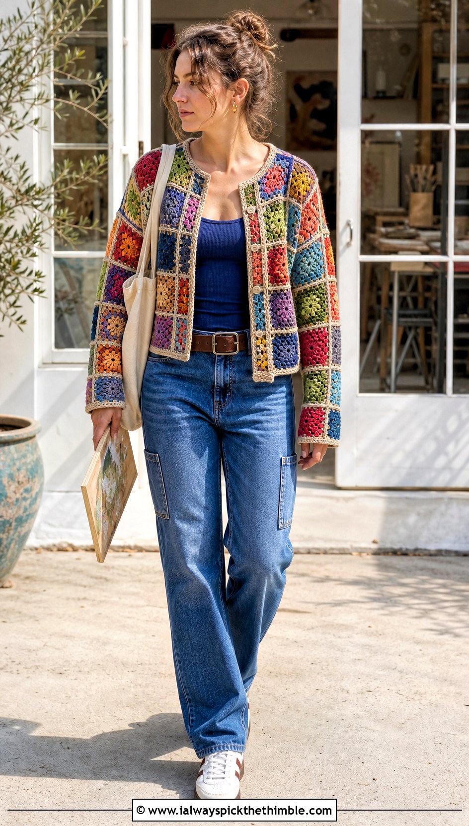 Patchwork Crochet Button Up Shirt With Carpenter Jeans - 25 crochet collared shirt outfit ideas