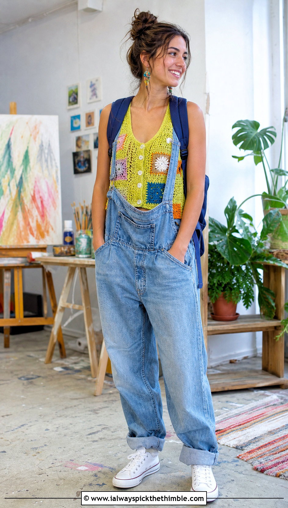Patchwork Crochet Button Vest With Denim Overalls - 25 crochet button vest outfit ideas
