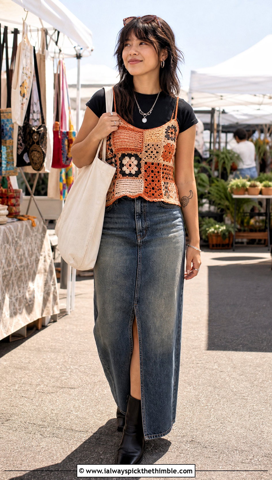 Patchwork Crochet Camisole With Denim Maxi Skirt - 25 grunge crochet top outfit ideas