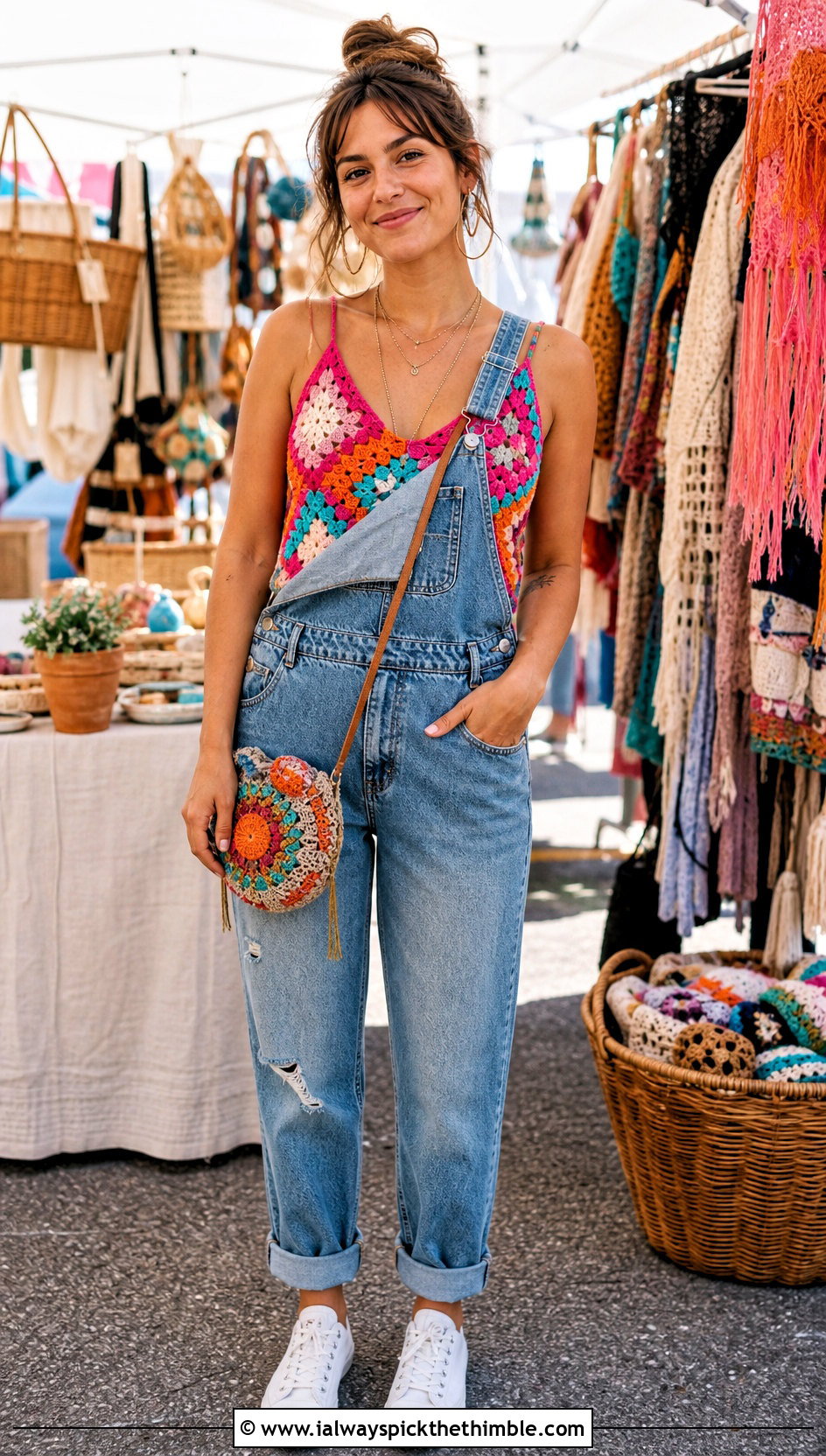 Patchwork Crochet Camisole With Denim Overalls - 25 crochet camisole outfit ideas