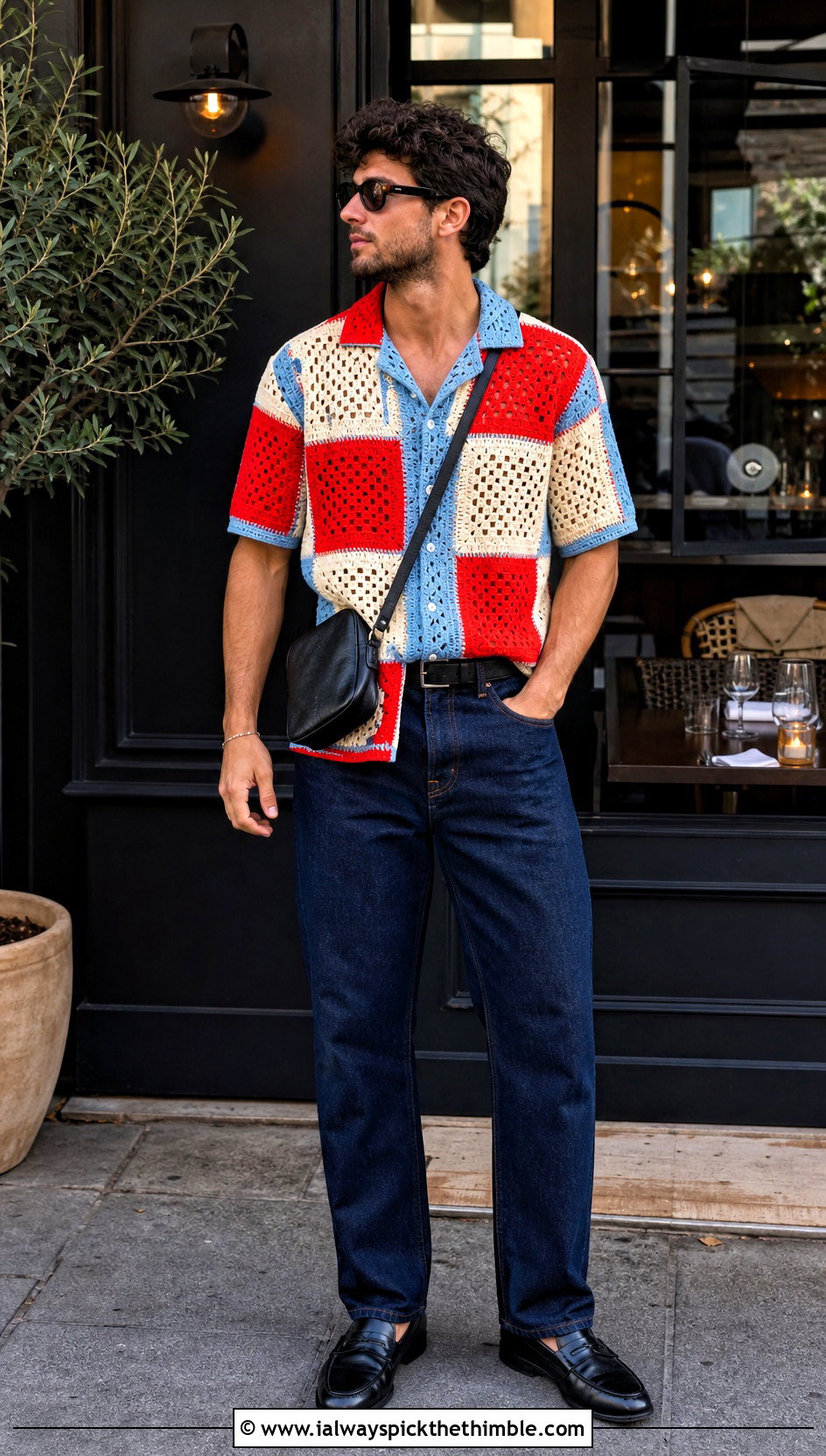 Patchwork Crochet Camp Shirt With Dark Denim - 15 Mens Crochet Collared Shirt outfit ideas